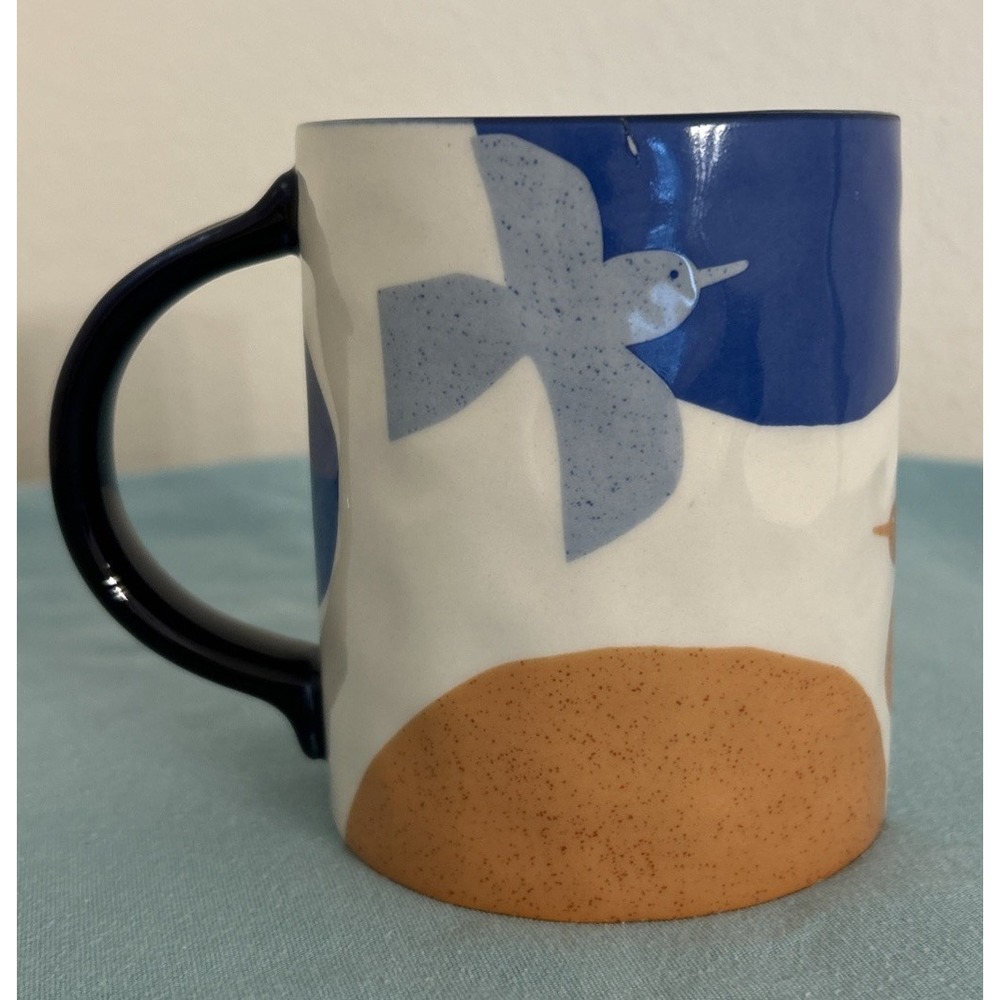Anthropologie Jen B Peters Be Free Coffee Mug Birds Peace Navy Tan Ceramic 12oz